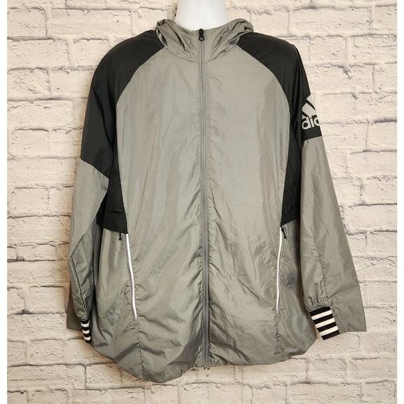 Adidas Jacket Mens Size Medium Hooded Gray Lightweght Windbreaker - Picture 1 of 16